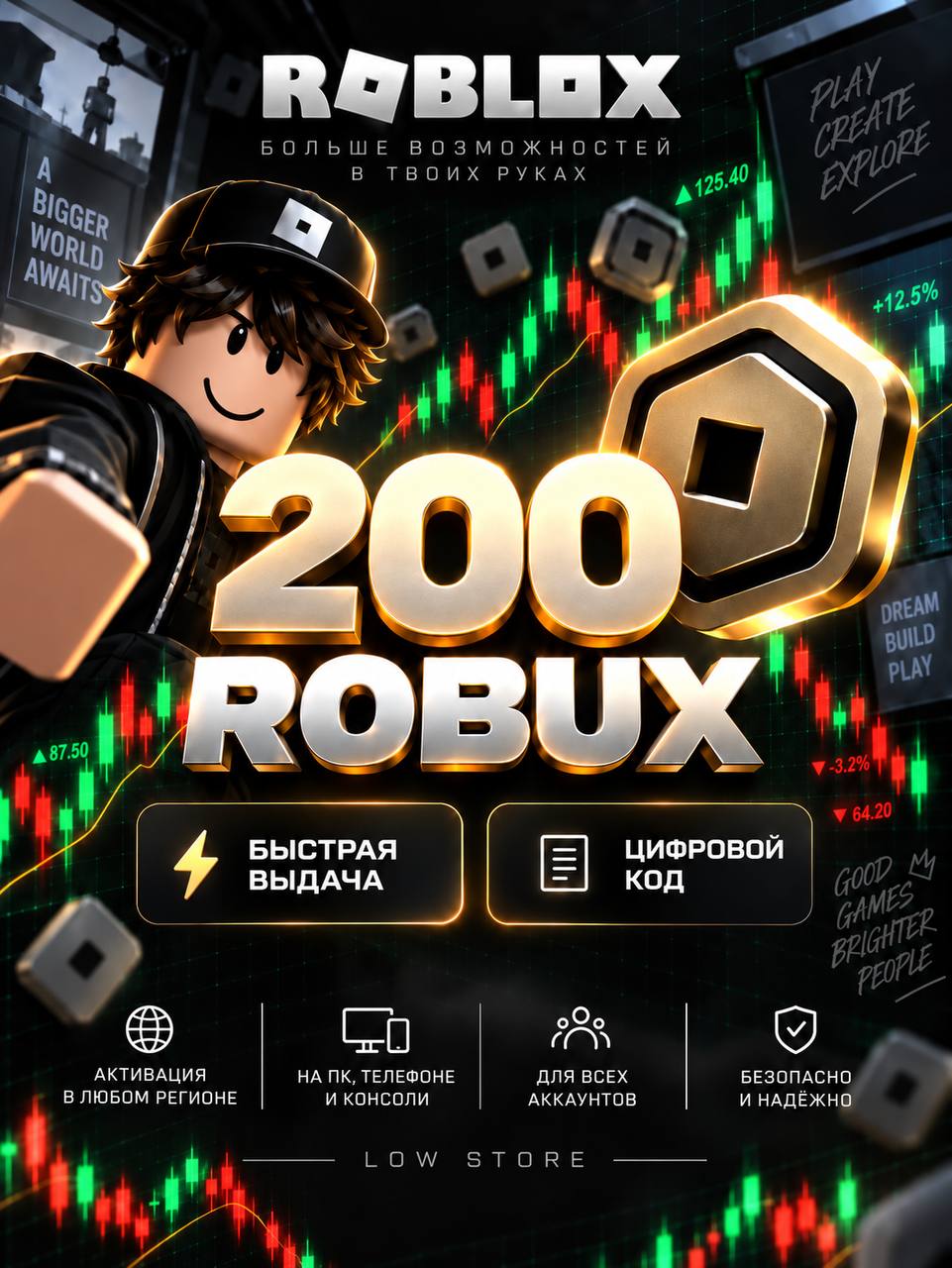 Roblox 200 Robux — Global, цифровой код пополнения игрового баланса