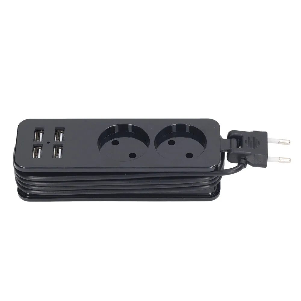 Удлинитель 1200 Вт, 10 А, 2 круглые розетки, 4 порта USB, розетка для телефона, ноутбука, вилка европейского стандарта, 250 В, черный