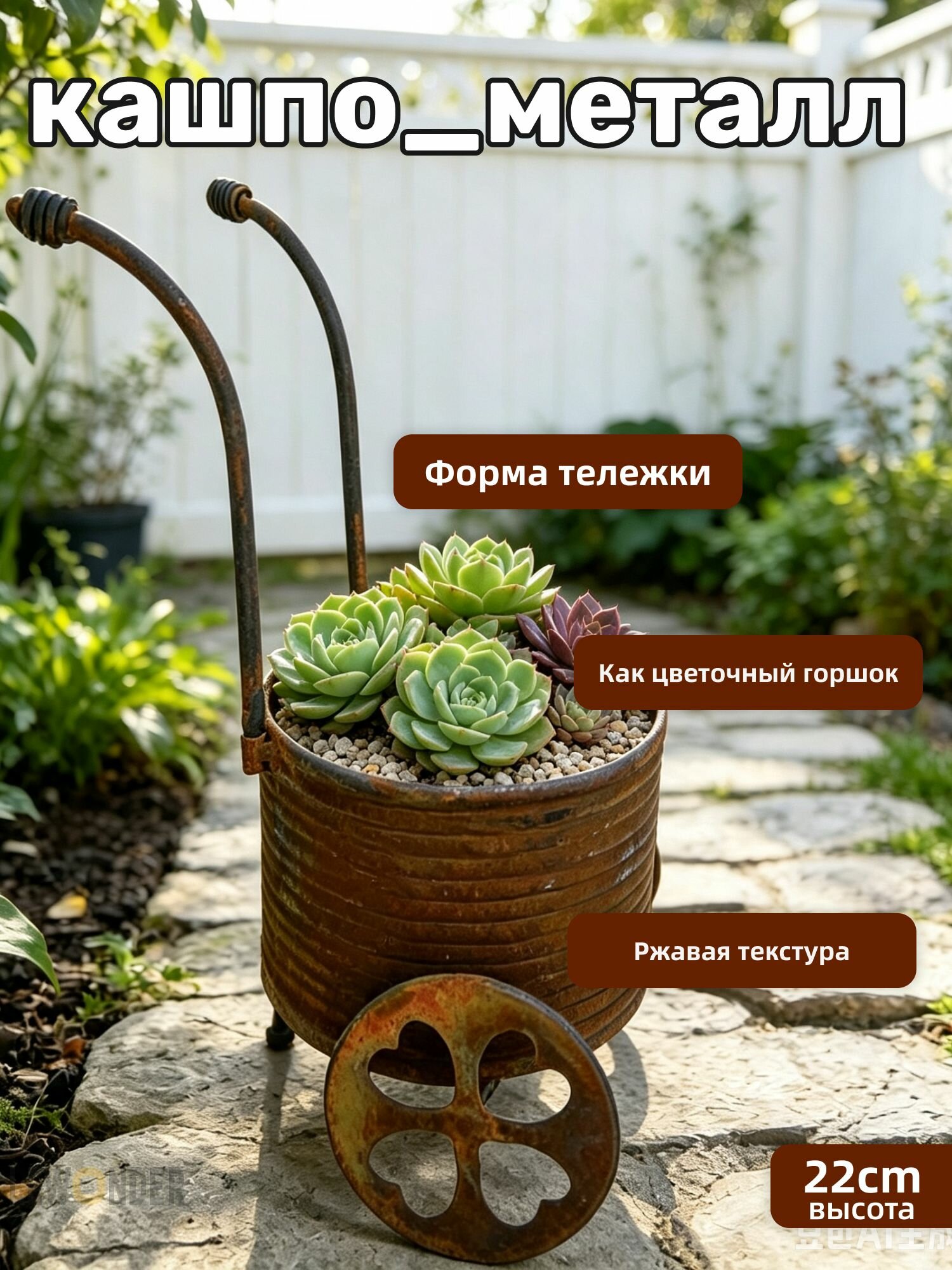 Кашпо-тележка металлическая винтажная с колесиками для цветов и суккулентов
