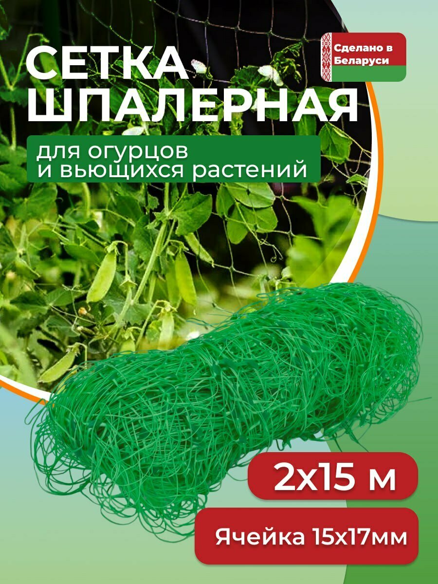 Сетка Шпалерная для огурцов 2 х 15 м, Шпалера для вьющихся растений в теплице и на грядке, Опора для гороха, малины, огурцов