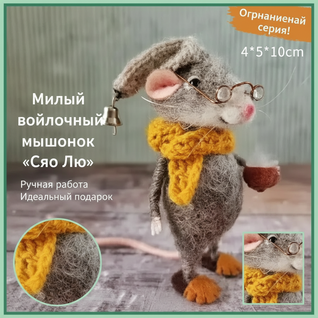 Милая мышка , войлочная игрушка ручной работы, кукла из хлопка, мягкий плюшевый талисман