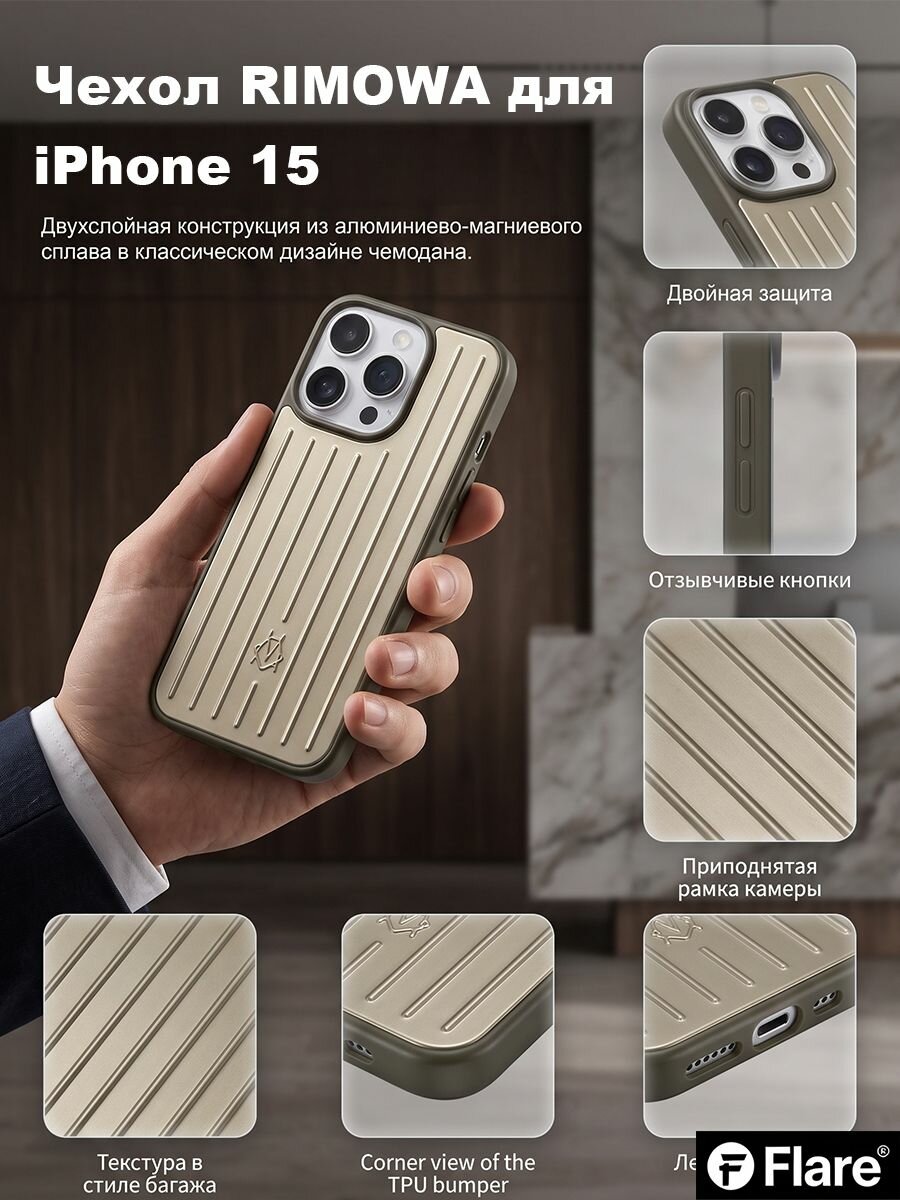 Защитный чехол RIMOWA для iPhone 15 из алюминиево-магниевого сплава с рельефными вертикальными полосами