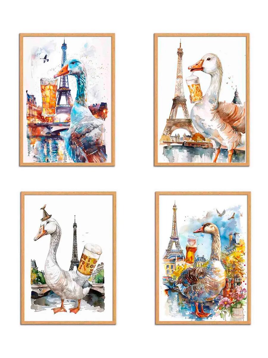 Животное гусь Пьет Пиво, 4 Плаката, 30x21см