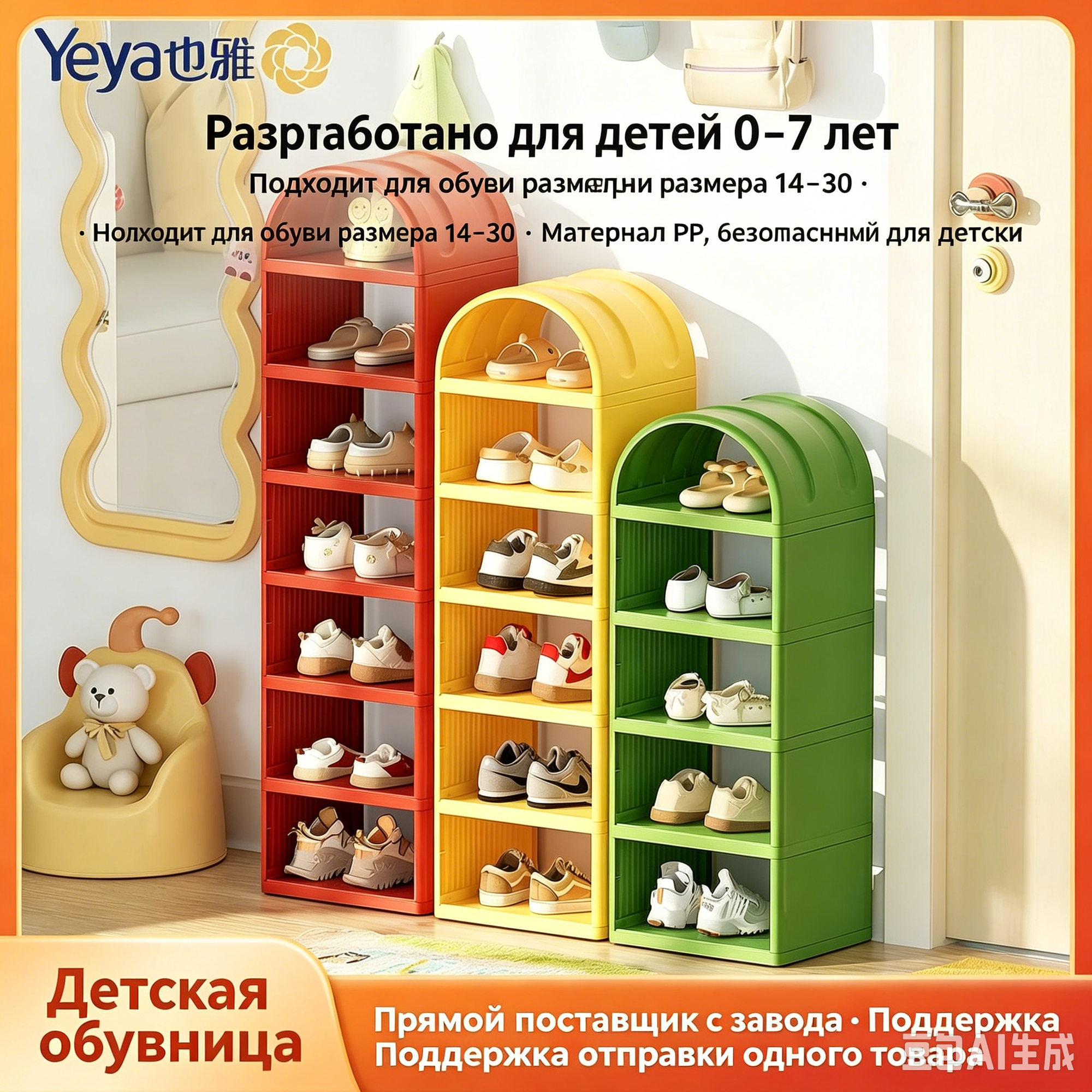 Детская пластиковая обувница 7 ярусов для прихожей и детской комнаты, Цвет: авокадо зеленый, Габариты: 26x20,5x31,5 см