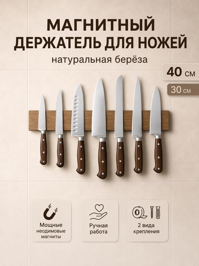 Магнитный держатель для ножей из березы, длина 40 см, настенное крепление, темно-коричневый цвет, экономия места на кухн