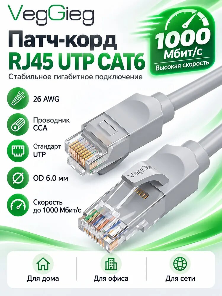VegGieg Кабель для интернет-соединения RJ-45/RJ-45, 3 м, серый