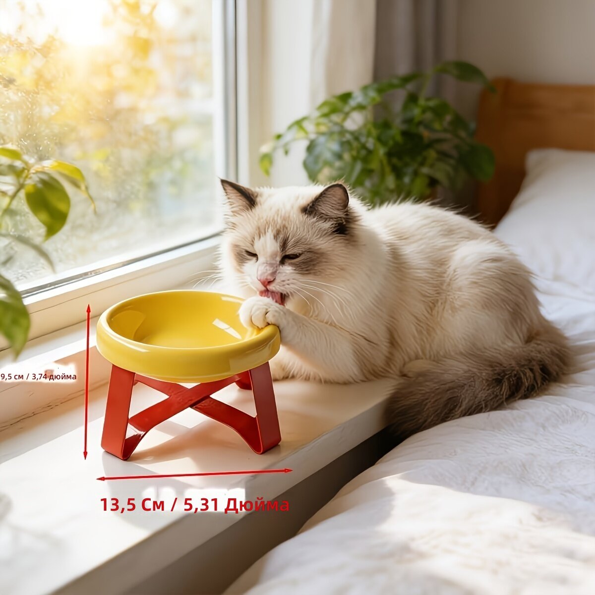 Миска-подставка для кошек и мелких собак, наклон 15°, защита от проливания, поддержка шейного отдела позвоночника, широкое нескользящее основание, для сухого и влажного корма, комплект из 2 предметов (миска и подставка), оранжевый, большой