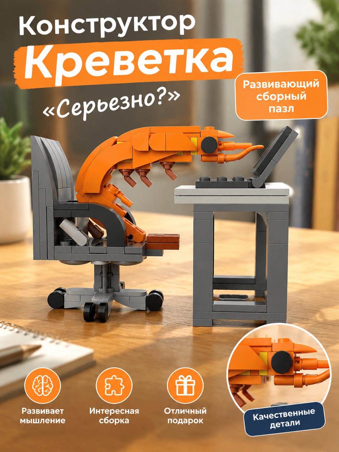 Конструктор Креветка с фразой "Серьезно?", развивающий сборный пазл