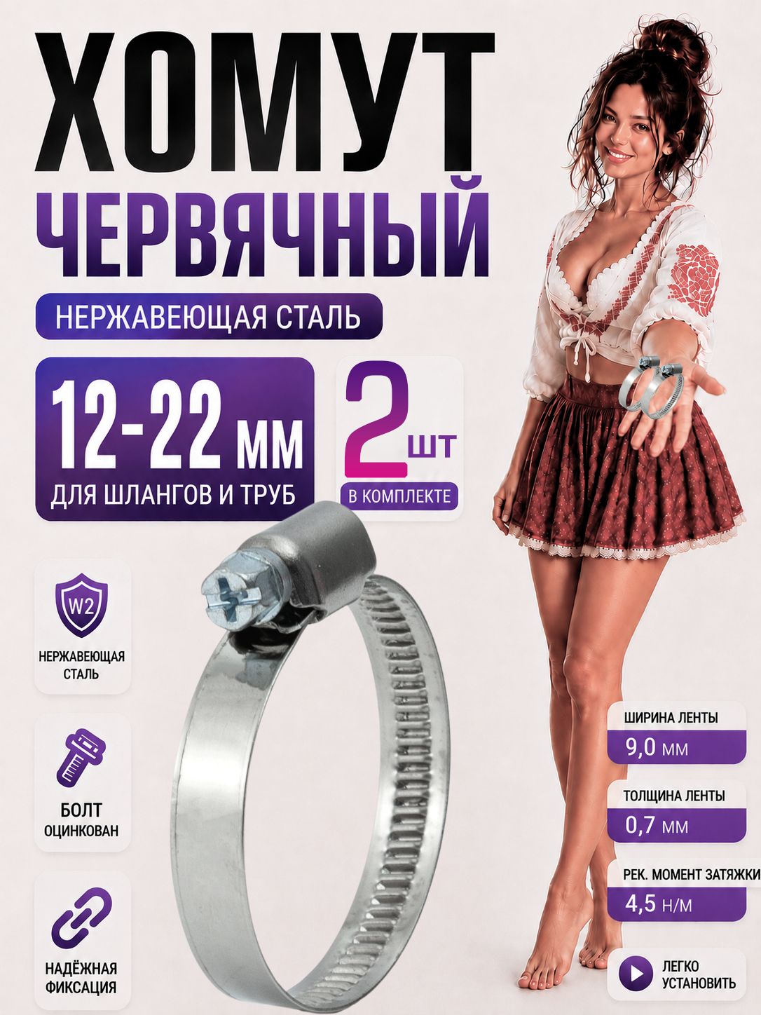 Хомуты металлические для шланга 12-22 мм, для шланга 3/4", набор из 2 шт, нержавеющая сталь W2