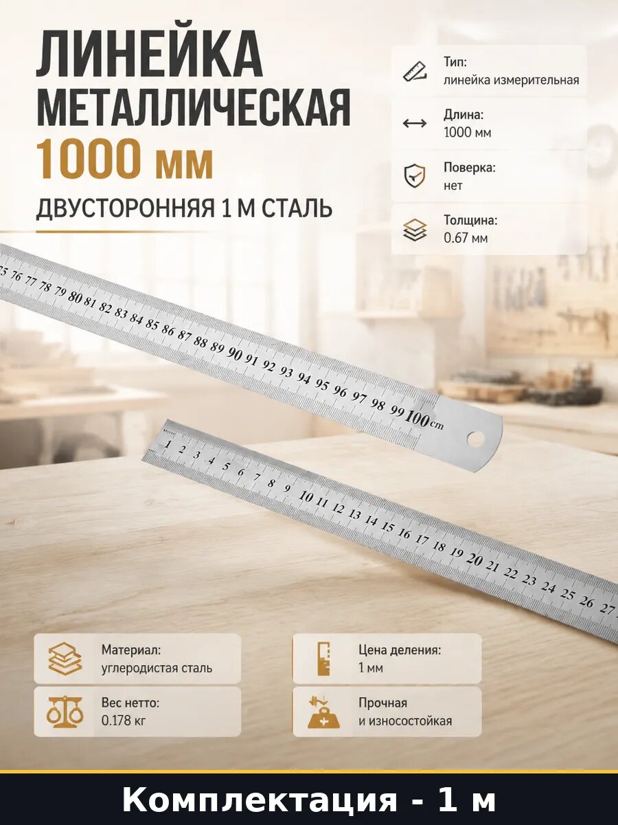 Линейка метровая стальная 100 см двусторонняя измерительная