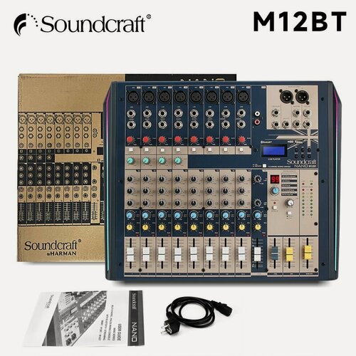 Изображение товара Микшер Soundcraft M12BT с 12 каналами, поддерживает Bluetooth и USB, позволяет записывать музыку в реальном времени с помощью смартфона или компьютера.