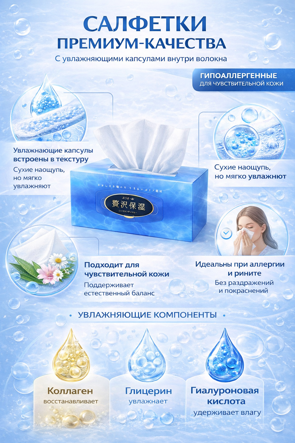 Салфетки бумажные (платочки) "Elleair" Lotion Tissue с коллагеном и гиалуроновой кислотой