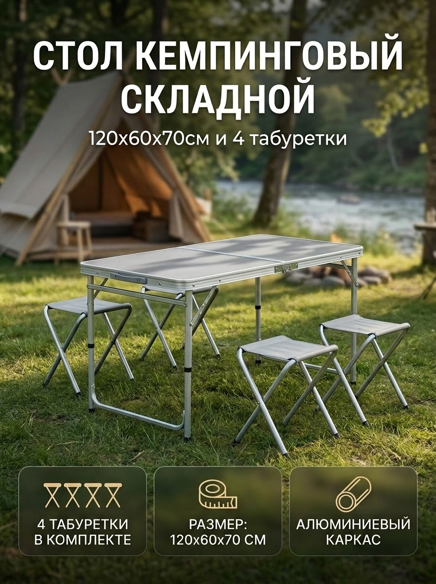 Складной стол 120х60 см с 4 табуретками, алюминиевый каркас, легкий и компактный