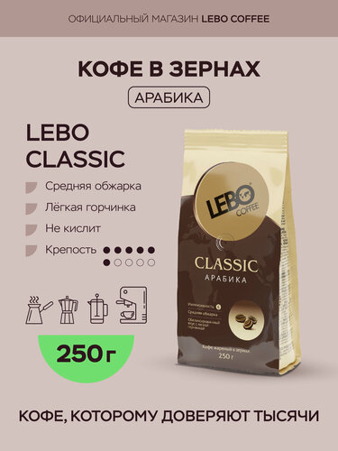 Изображение товара Кофе в зернах "Lebo" CLASSIC, Арабика 100%, средняя обжарка, 250гр