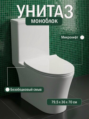 Изображение товара Унитаз напольный с бачком моноблок R-FRC-81832 безободковый, сиденье дюропласт с крышкой микролифт, белый с антибактериальным покрытием