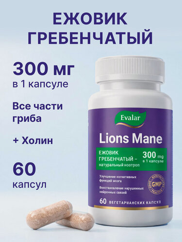 Изображение товара Ежовик гребенчатый Lion's mane, 300 мг, 60 капсул, Evalar Laboratory