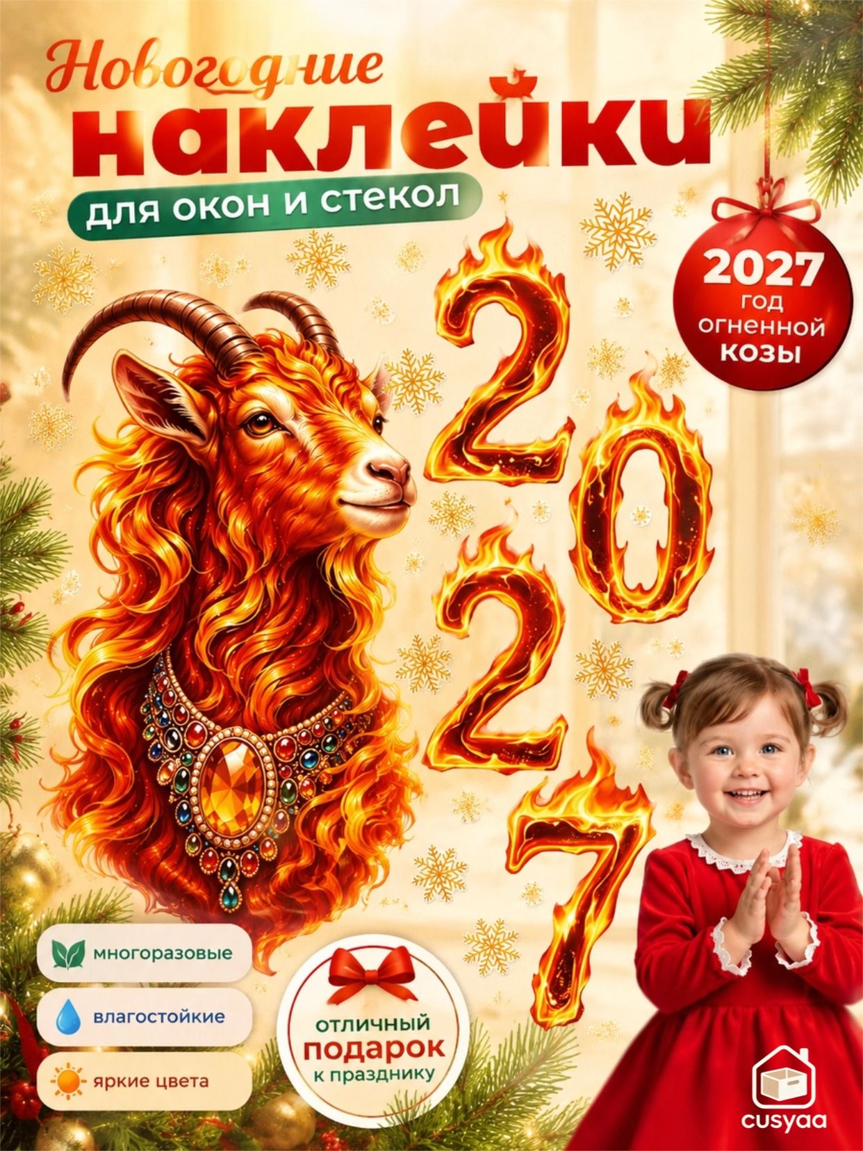 Новогодние наклейки на окно Коза 2027 виниловые трафареты-вытынанки с символом года, самоклеящийся декор для стекла и дверей