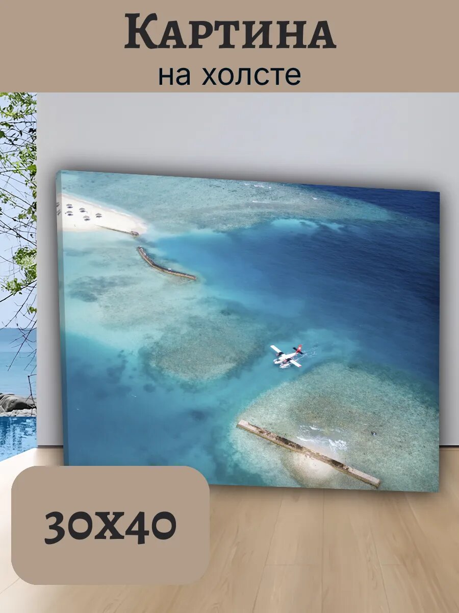 Картина Постер Мальдивы 30x40 с гидросамолетом над лагуной