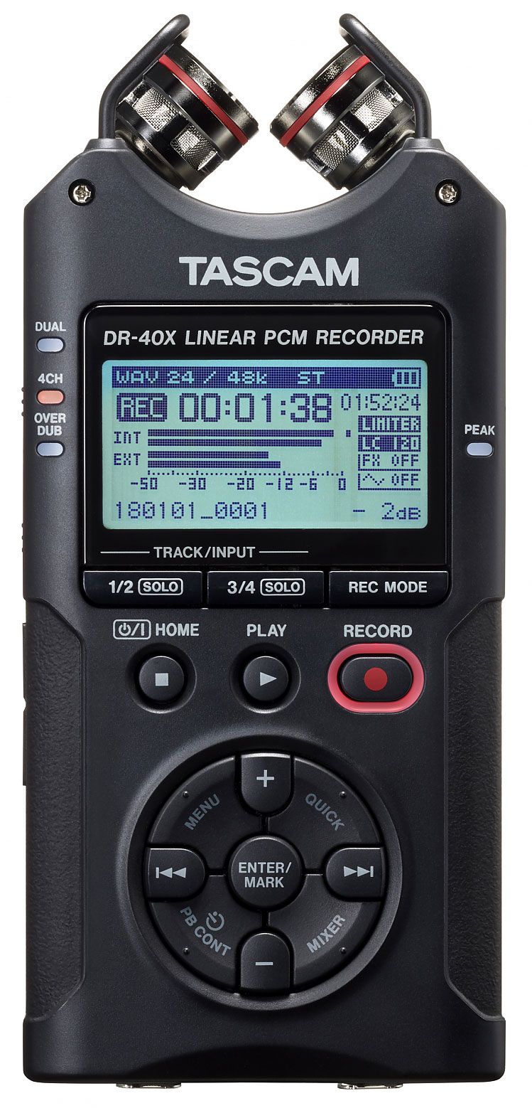 Рекордер мобильный [DR40X] Tascam [DR-40X] АЦП/ЦАП: 24 бит/96 кГц, 20-20000 Гц, THD: 0,01%, S/N: 94 дБ, микрофоны: 2 х всенаправленных A-B/X-Y, 2xCombo XLR/TRS Jack / 1/8" Stereo mini Jack, память: micro SDHC/SDXC, питание: 3 батареи АА, USB Micro-B