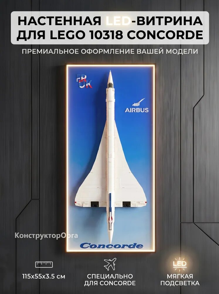 Рамка-витрина с LED-подсветкой для 10318 Конкорд (Concorde), настенная панель из авиационного алюминия, 115х55х3.5 см, 03