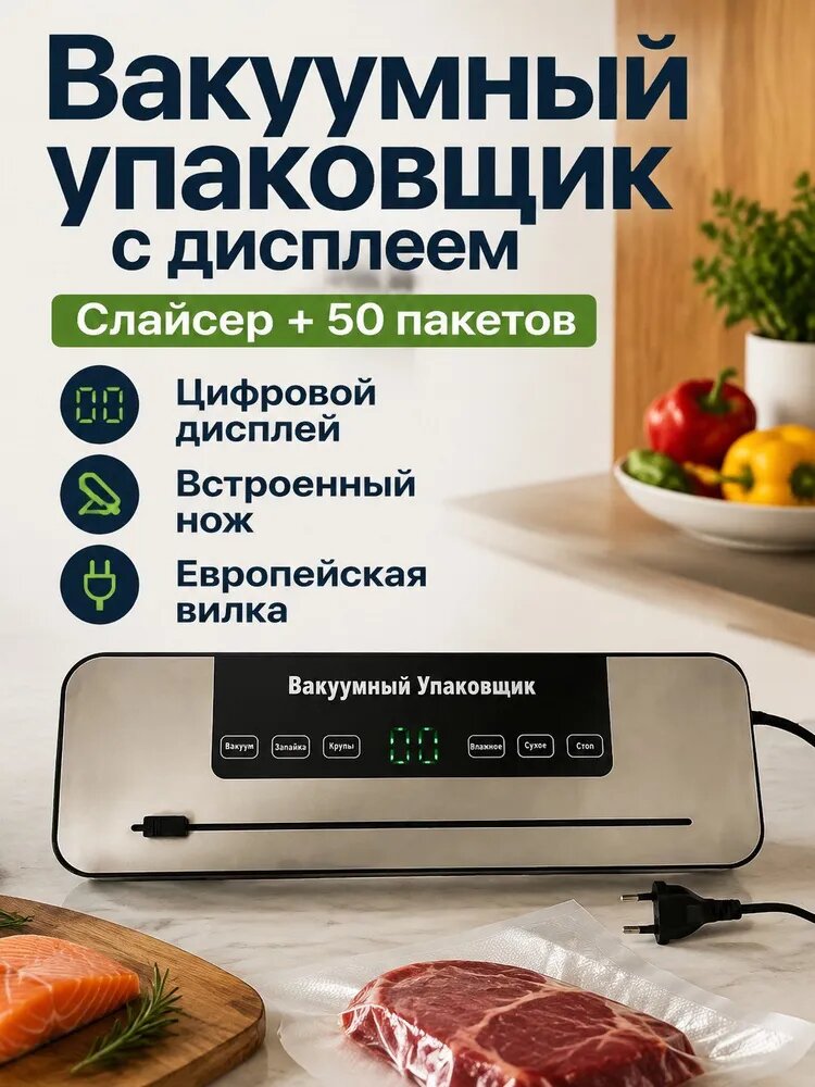 Портативная вакуумная упаковочная машина с ножом и цифровым дисплеем (европейская версия на русском языке), комплект из 51 предмета: упаковщик и 50 ри
