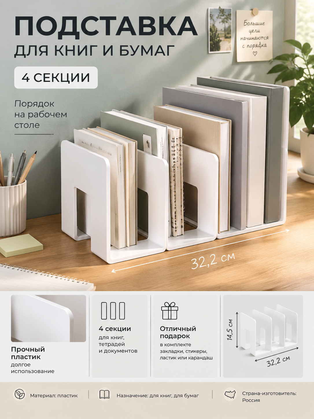 Белая пластиковая подставка для книг и бумаг на 4 секции