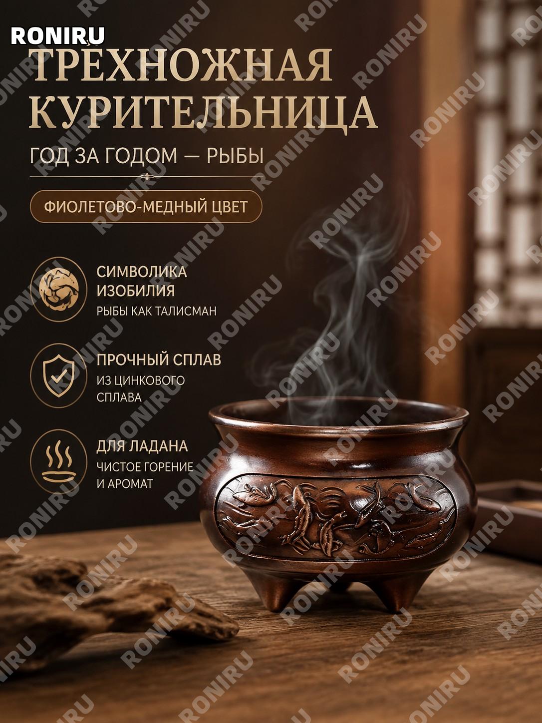 Курильница треножник «Год за годом рыба» медный цвет, одиночный цинковый сплав для ароматической курильницы дома