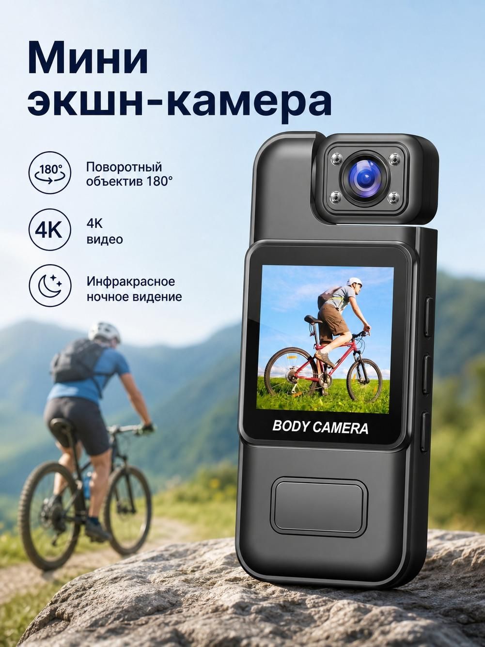 Нательная камера 4K с экраном и креплением на одежду, темно-серая