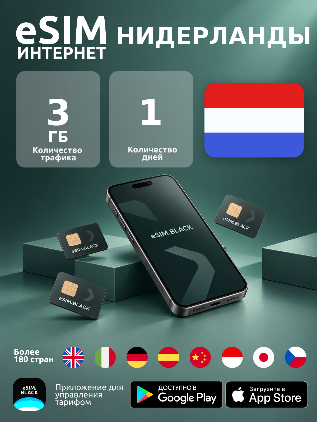 Нидерланды/1 день/3 ГБ - eSIM для мобильного интернета ( iPhone | Android ).