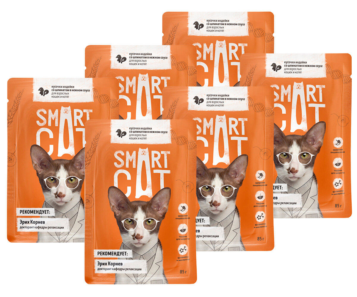 Корм влажный Smart Cat для кошек и котят, кусочки, индейка, шпинат в соусе, 85 г 6 шт