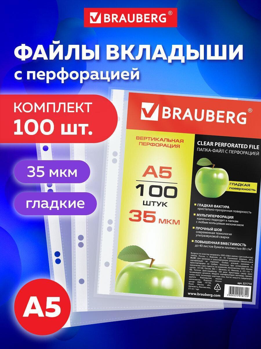 Папки-файлы малого формата (148х210мм), А5, вертикальные, комплект 100 шт, 35мкм, BRAUBERG, 221714