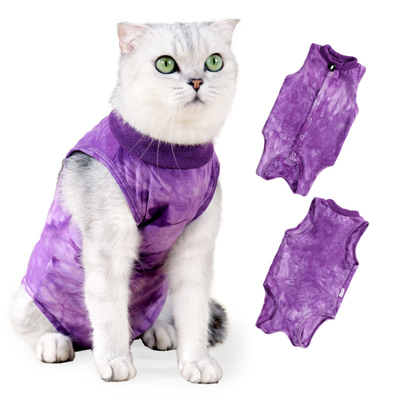 Фиолетовая Recovery-рубашка для кота Tie-Dye, дышащий ветеран после операции с кнопками, защита от вылизывания, грудь