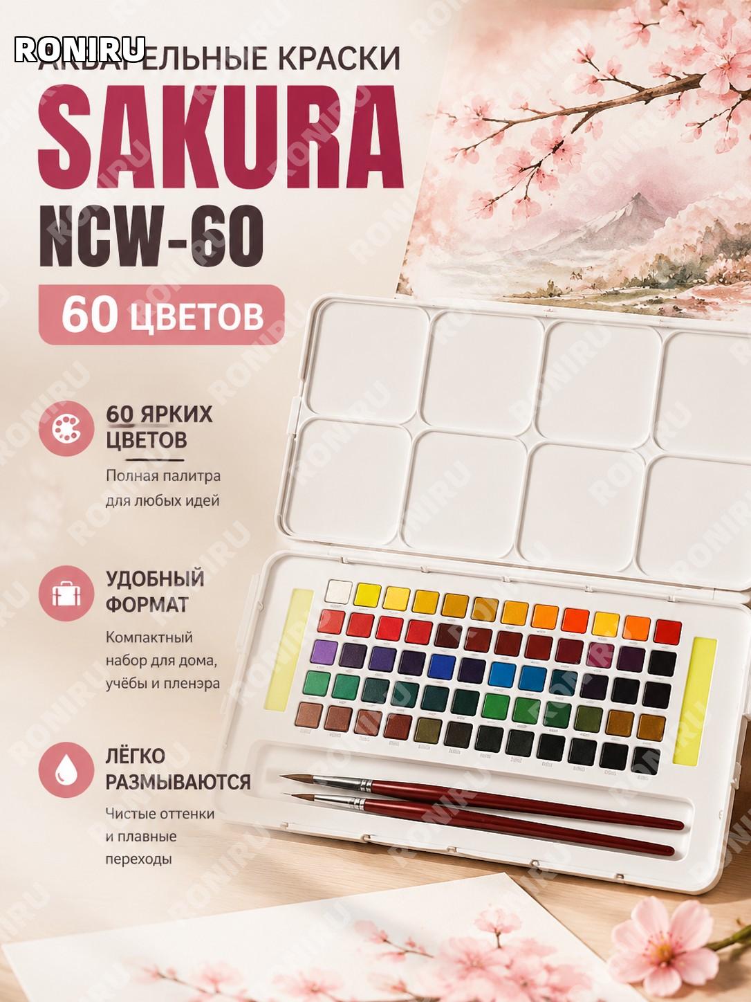 Набор акварельных красок SAKURA NCW-60 60 цветов, твердая гуашь для рисования, портативный комплект для скетчинга