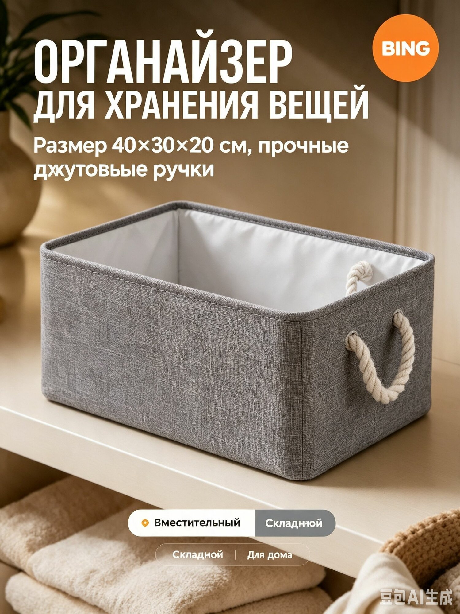 Контейнер для хранения вещей длина 40 см, ширина 30 см, высота 20 см, 1 шт, джут, серый металлик