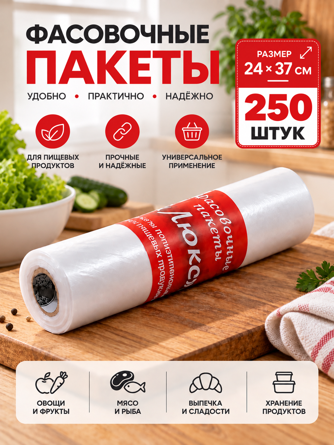 Пакеты фасовочные Люкс, 24х37 см, 250 штук в рулоне