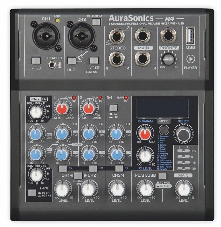 AuraSonics K4 Компактный микшерный пульт аналоговый, Flexi-эквалайзер, для репетиций, звукозаписи и выступлений