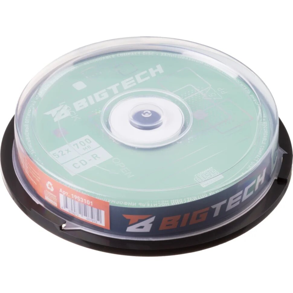Диск CD-R BigTech 700 МБ 52x cake box YCDRB004 10 штук в упаковке, 1953101