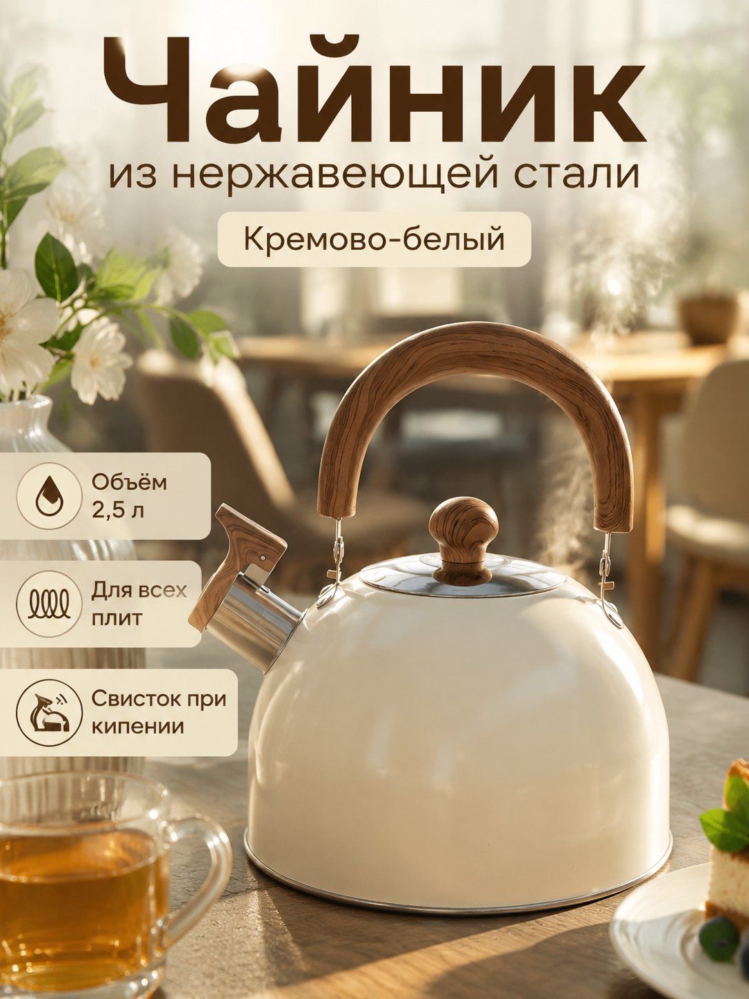 Чайник крышка 2.5 л крышка в комплекте, со свистком нержавеющая сталь бежевый