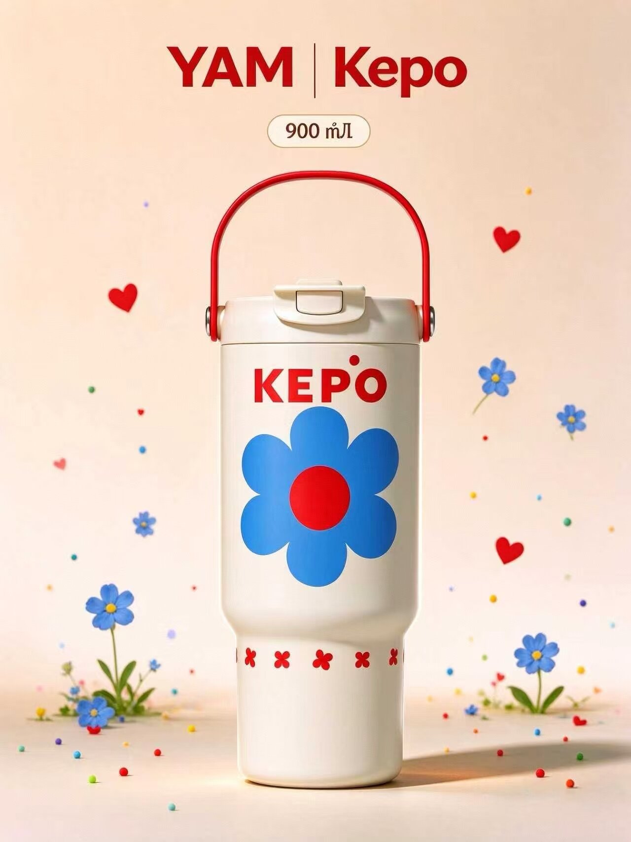 Термокружка KEPO 900 мл с ручкой, из нержавеющей стали 316L, стильный принт, для горячих и холодных напитков