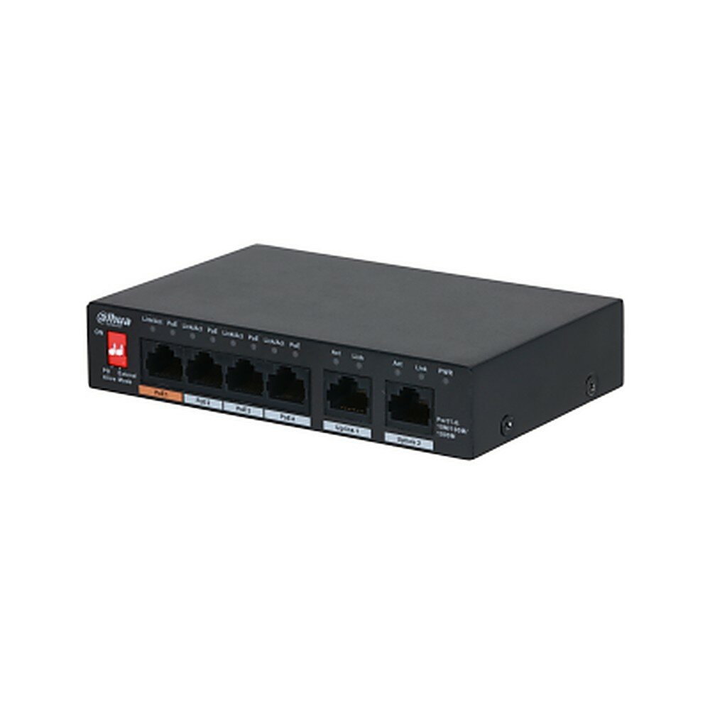 Неуправляемый коммутатор Dahua DH-PFS3006-4GT-60 — 6 портов, 4 PoE, бюджет 60 Вт, 1 Гбит/с