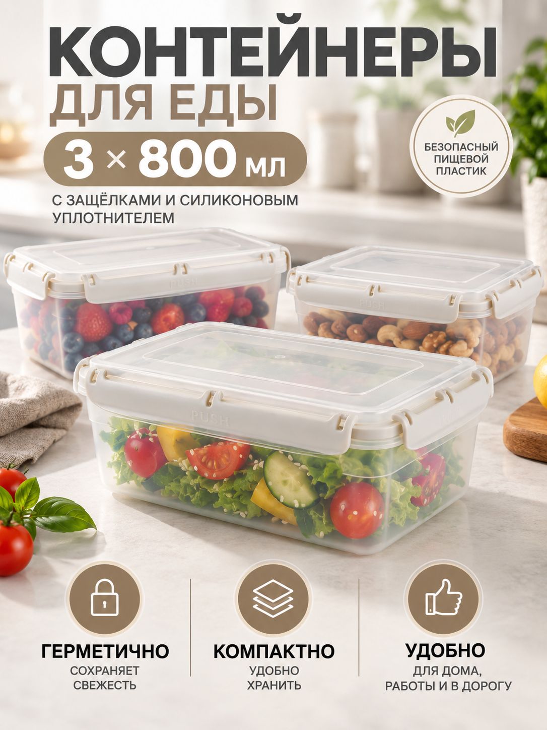 Контейнер для еды 0,8 литра, комплект 3 шт,17,9х12,6х6,9 см, с защелками и силиконовой вставкой, герметичный