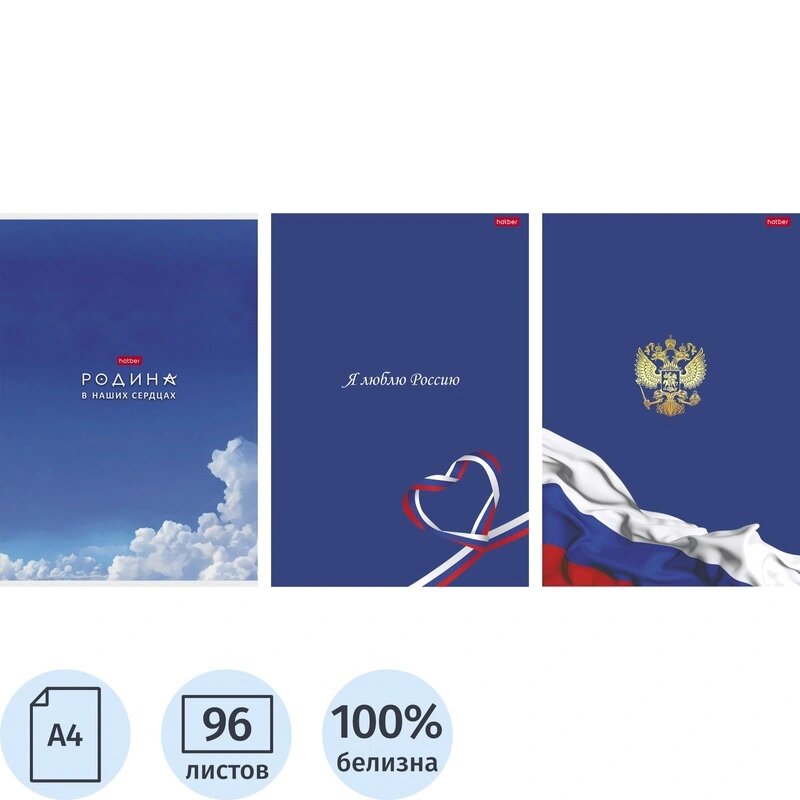 Тетрадь 96л А4ф клетка, скоба, мел. картон, гл. лам, ассорт, Я люблю Россию,088762