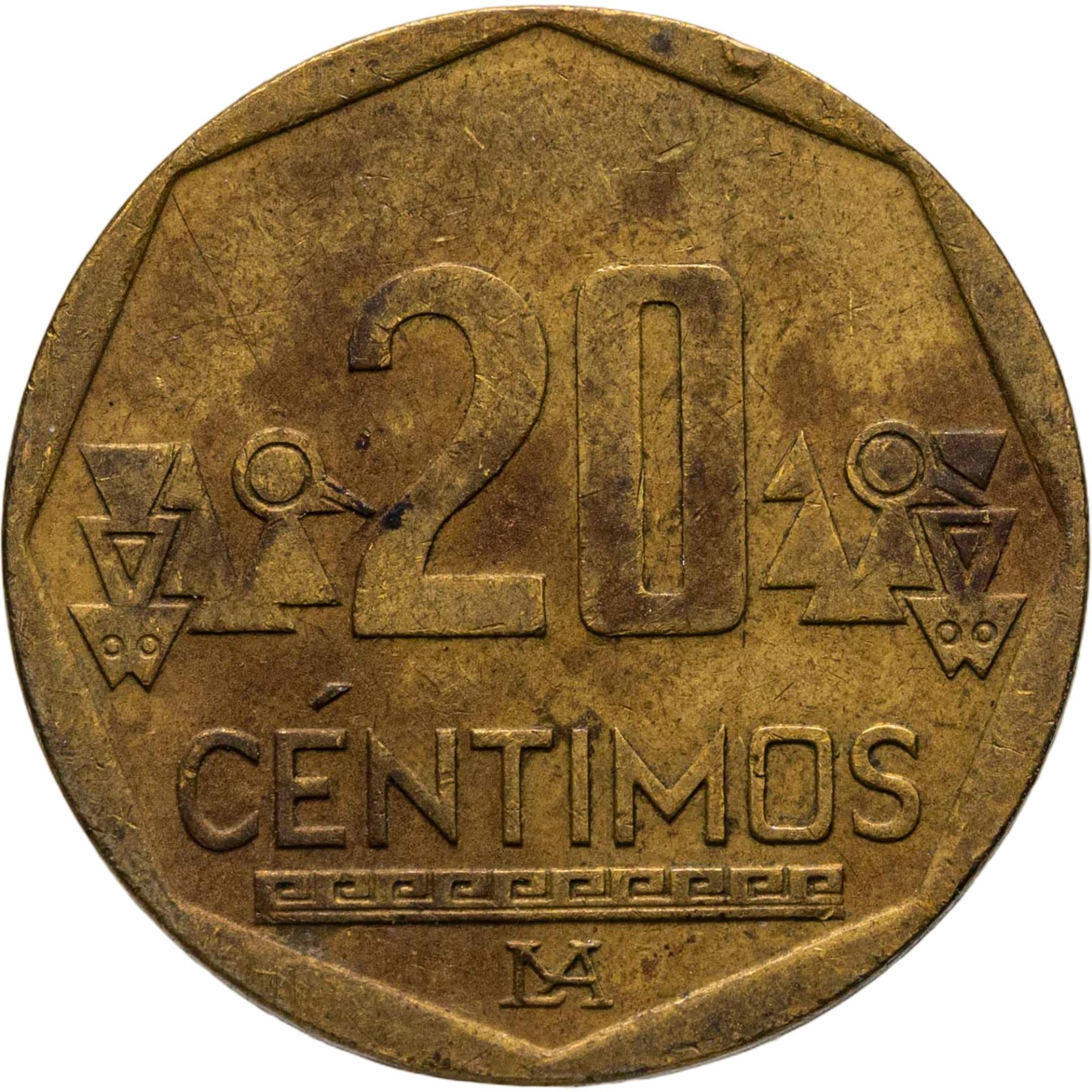 Перу 20 сентимо centimos 2009, Латунь, в сохранности VF-XF