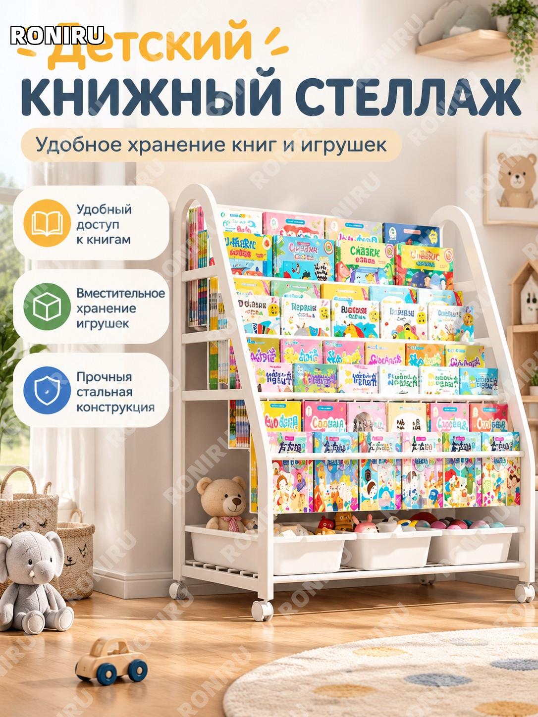 Детский книжный шкаф 90 см XL с 4 полками и 1 ярусом хранения, 3 белых короба, каркас из углеродистой стали детский