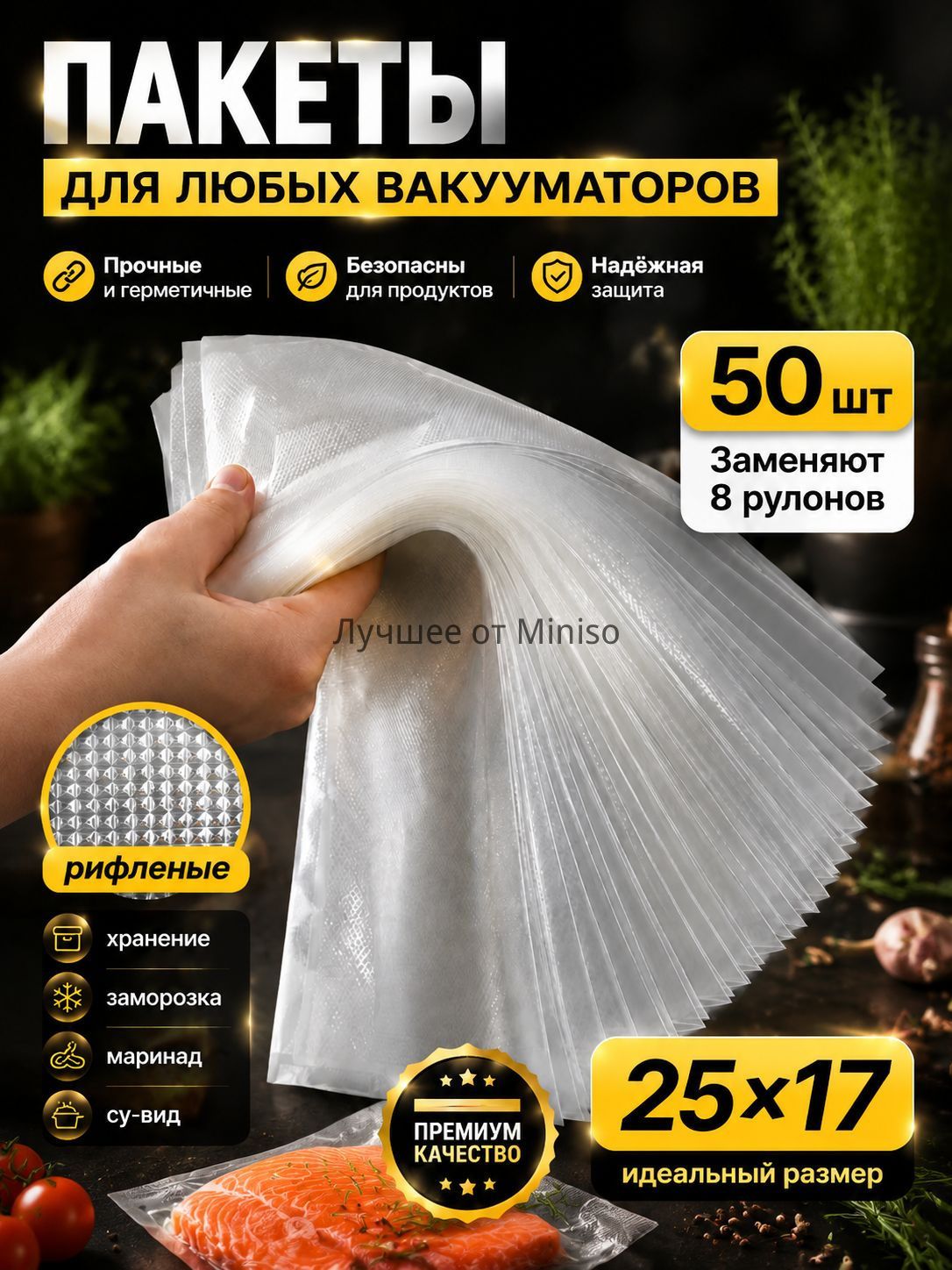 Пакеты для вакууматора рифленые, для хранения и заморозки продуктов, прозрачные 17х25 50штук