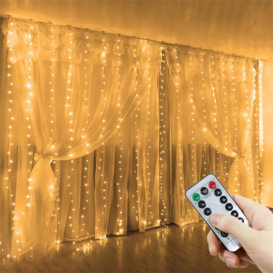 USB светодиодная гирлянда-занавеска 3x1 метр тёплый белый Warm, 3Mx3M 300LED