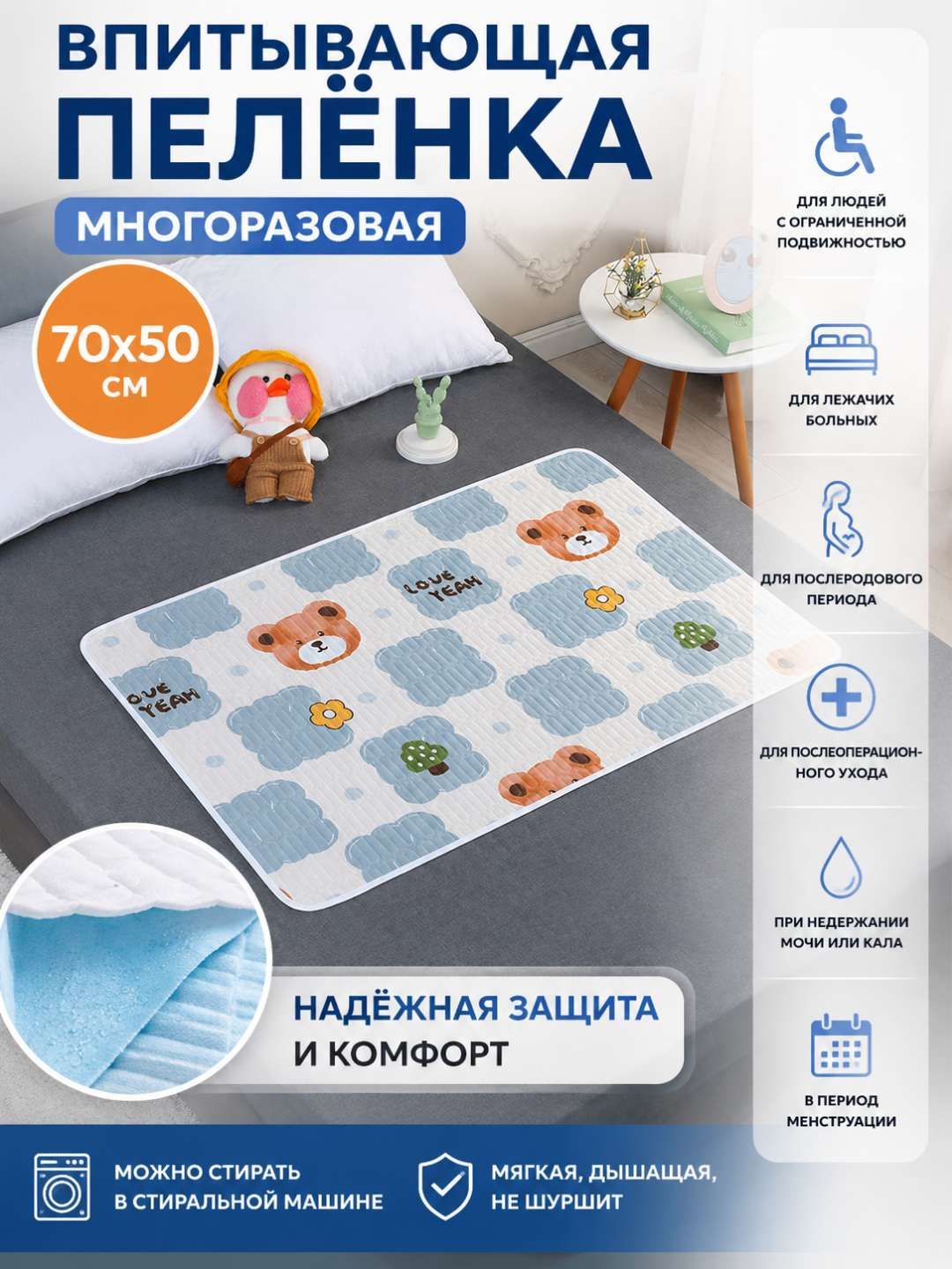 Многоразовая впитывающая пелёнка 35x28 см, непромокаемая, стираемая, влагозащитная подстилка для детей и взрослых