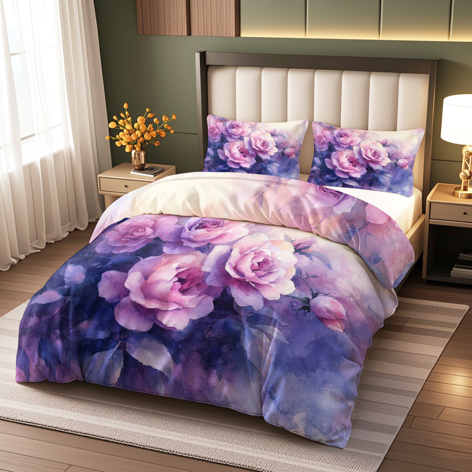 Постельное белье 2-спальное, евро простынь 200x220cm,2 наволочки 70х70, Фиолетовый Цветочный полисатин спальный комплект