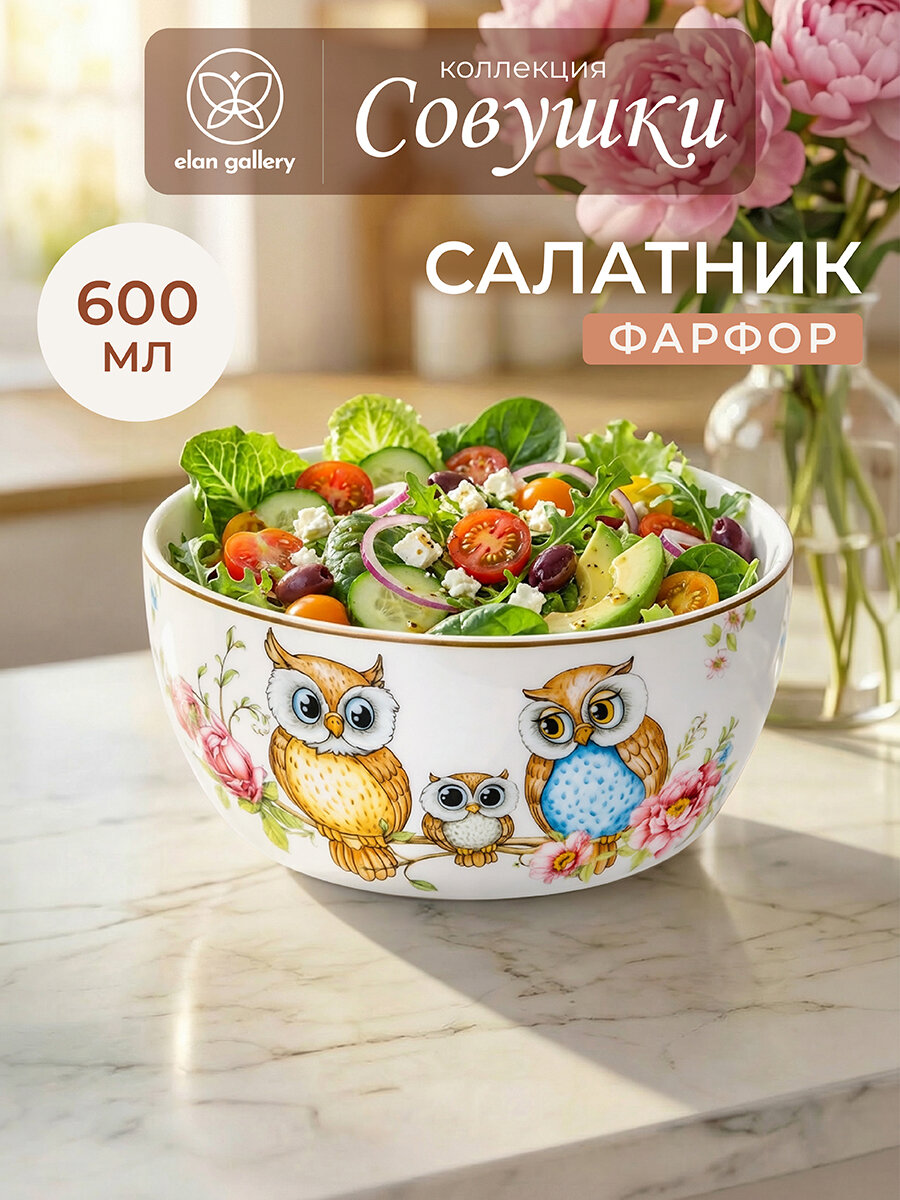 Салатник круглый 600 мл Elan Gallery Совушки, 14х14х6 см, фарфор