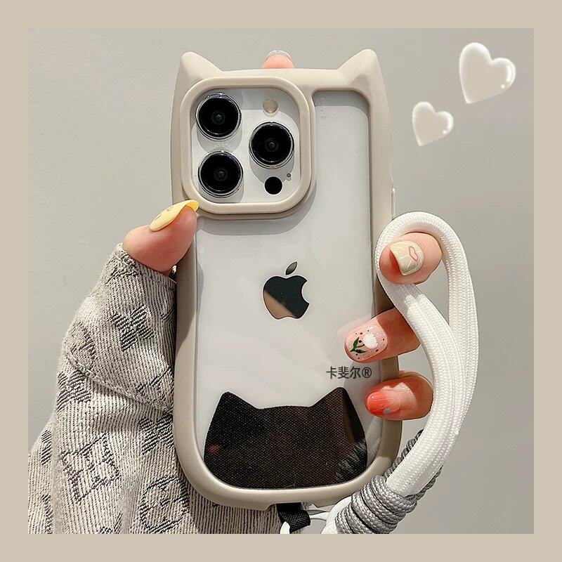 Силиконовый прозрачный чехол для iPhone 16 Plus с белой кромкой и 3D-изображением кошачьих ушей, плюс кошачьи наклейки